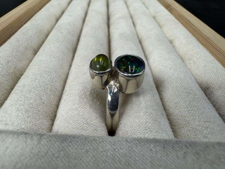 Sterling Silver Idocrase & Black Opal Gemstone Ring Size 6