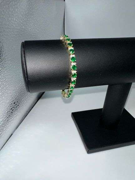 Gorgeous 18 Kt Yellow Gold Plated Simulated Emerald and Diamond Tennis Bracelet