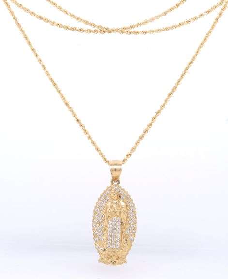 14kt Yellow gold Virgin Mary cubic zirconia oval pendant on rope chain necklace