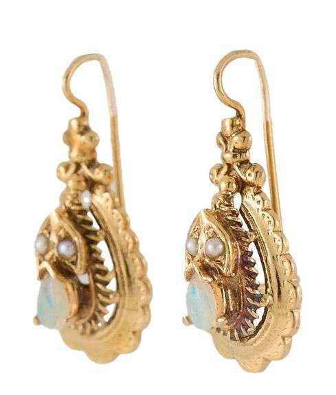 Vintage Victorian Opal and Seed Pearl Etruscan Earrings in 14K