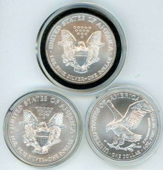 3 Diff. Superb Gem BU $1 Silver Eagles in custom capsules