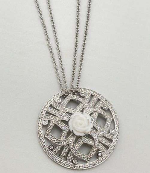 925 Sterling Silver Filigree Round Crystal Pave With carved Rose Motif In Center Pendant With Double
