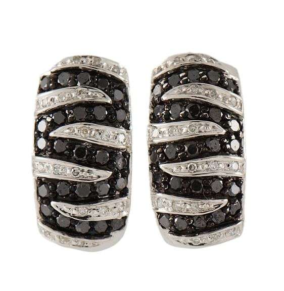 0.65ctw Black and White Diamond Striped Omega Back Earrings in 14K