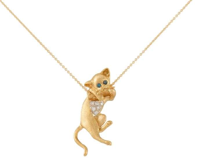 Designs by Slack Irradiated Teal and White Diamond Kitten Pendant Necklace in 18K