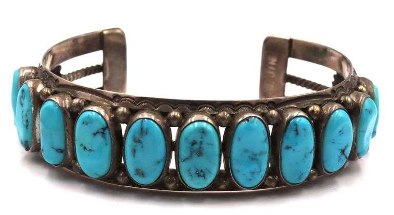 Vintage 925 sterling silver signed Turquoise cuff bangle