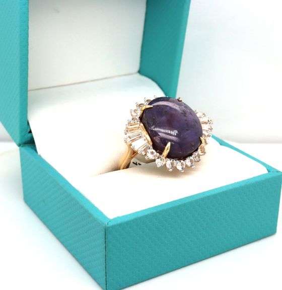 Enamoring Huge 23.96CTS Oval Cabochon-Cut Ruby & 2.53CTW Baguette & Round Faceted White Sapphire Rin