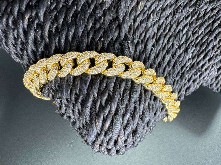 Gold Plated 925 Sterling Silver 9.5mm Miami Curb CZ Encrusted Chain New 9"