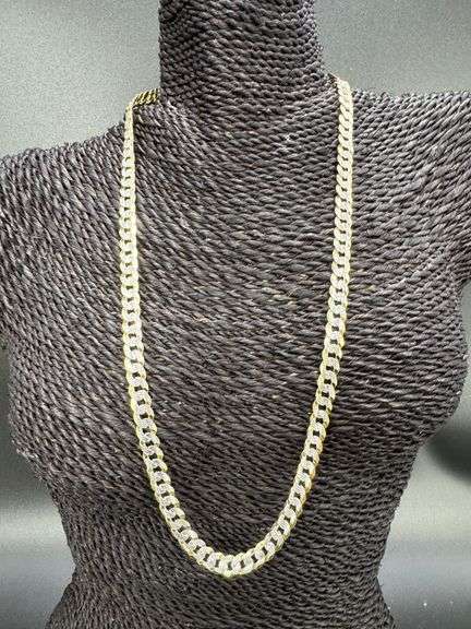 Gold Plated Sterling Silver Curb Pave Two Tone 925 Made in Italy Necklace 24"
