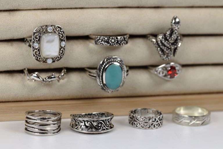 Sterling Silver Curated Ring Assortment Various Sizes & Styles (10 Ring Lot)
