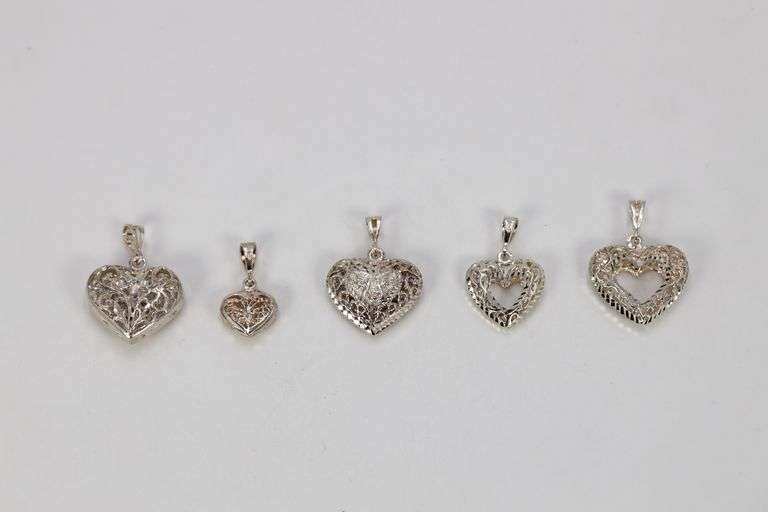 .925 Sterling Silver Filigree Heart Charm Set Lot of 5 Charms/Pendants