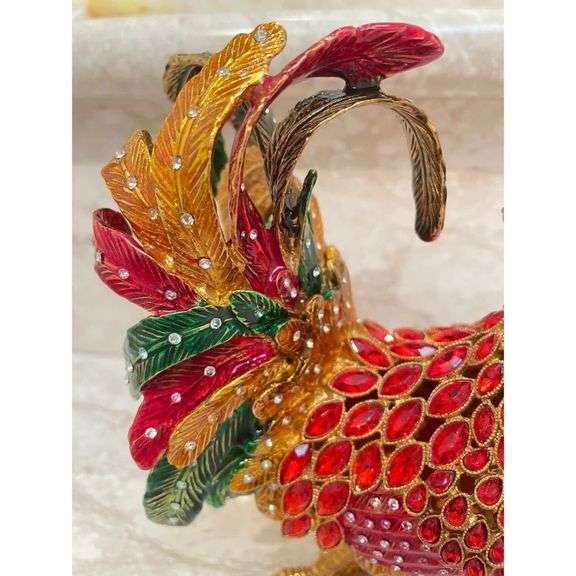 Ruby Red Faberge Rooster Jewelry Box with 24k Gold-Plating and Crystals