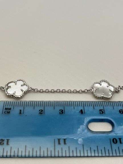 925 Sterling Silver Three Clover White MOP  And One Charm Clover Bracelet