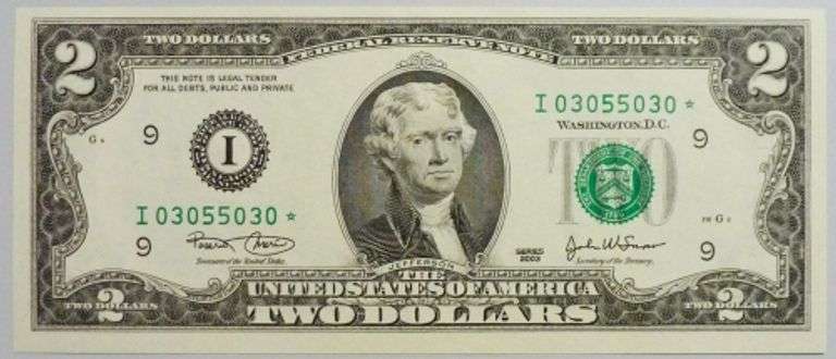 Superb Crisp $2 2003 Star Radar Serial Number 03055030-Tough Note!