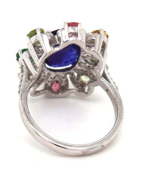 Fabulous 4.35CTS Oval Blue Sapphire, 1.30CTW Tourmaline  & Diamond Ring in 14KT White Gold Over Ster