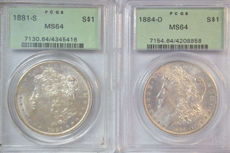 2 Old Green-Label PCGS MS64 Morgan Silver Dollars: 1881-S & 1884-O