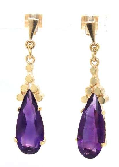 14kt Yellow gold teardrop amethyst dangle earrings