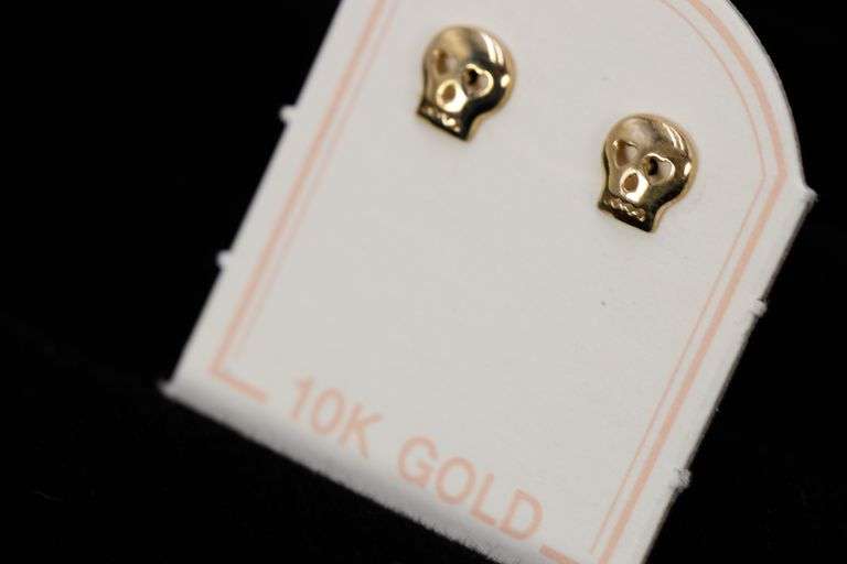 10k Yellow Gold Biker Skull Heart Eye Face Stud Earrings