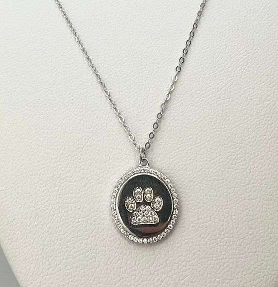 925 Sterling Silver Paw Print Pendant With Crystal pave Necklace
