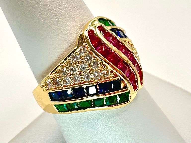 14 Kt Gold Plate 4.75 Ctw Simulated Diamond Ruby Blue Sapphire and Green Emerald Ring