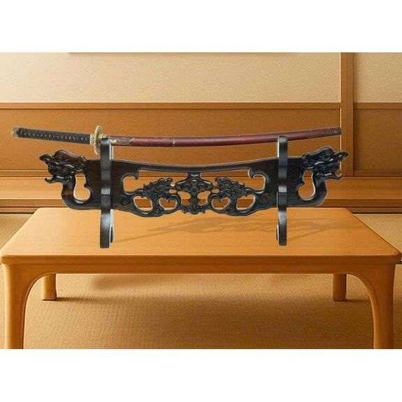 Hand-Carved Wooden Sword Display Stand with Dragon Head Design
