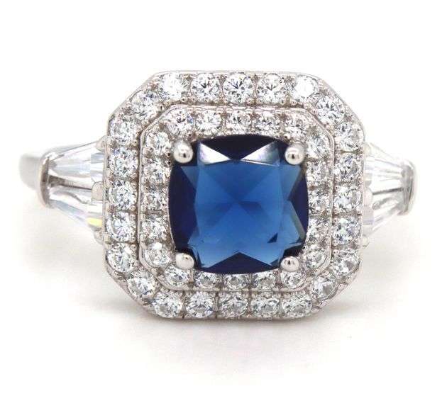 925 Sterling silver blue princess cut and white round cubic zirconia ring