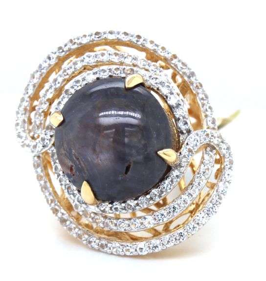 Breathtaking Huge 22.27CTS Round Cabochon-Cut Star Ruby & 1.95CTW Round Colorless Sapphire Ring in 1