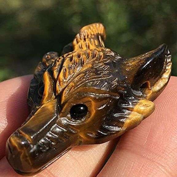 Natural Tiger’s Eye Wolf Skull Carving