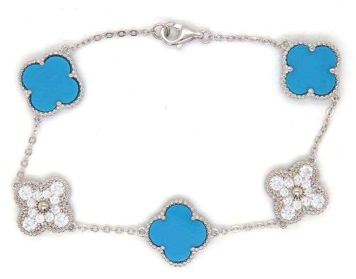 5 Clover 12mm turquoise and cubic zirconia link bracelet in 925 sterling silver