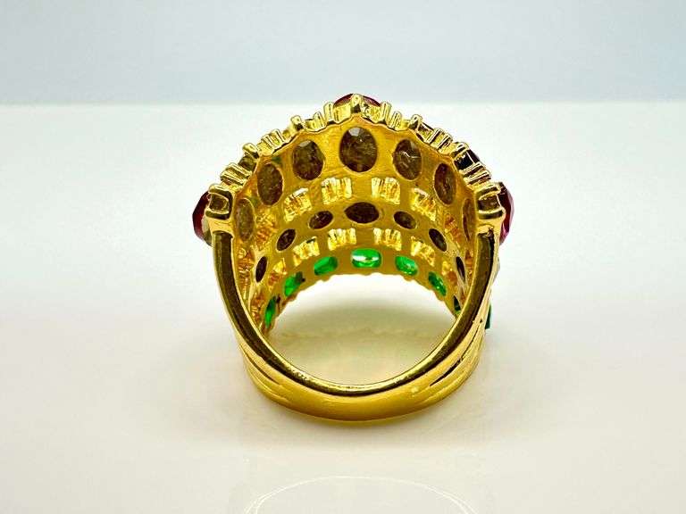 Breathtaking Yellow Gold Plate 17.5 Ctw Simulated Mixed Color Sapphire Ring