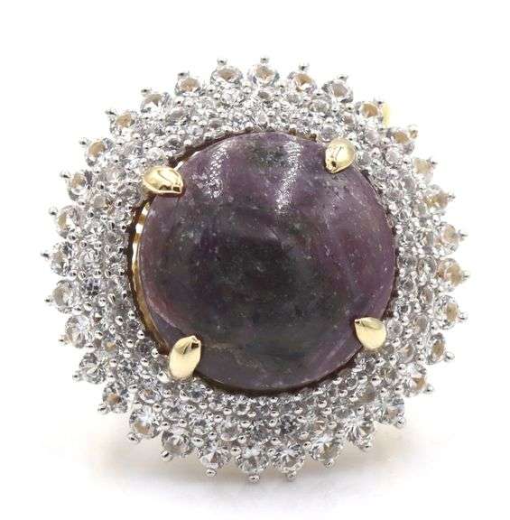 Amazing Huge 28.43CTS Rare Natural Unheated  Cabochon-Cut Star Ruby & White Sapphire Ring in Yellow 