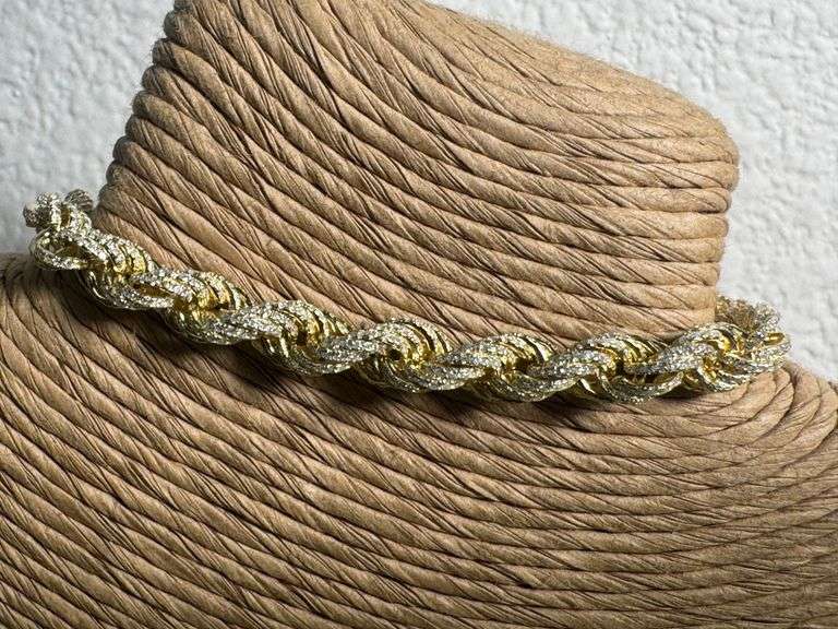 14k Gold Plated 925 Sterling Silver Clear CZ Encrusted Rope Chain 7.3mm New 9"