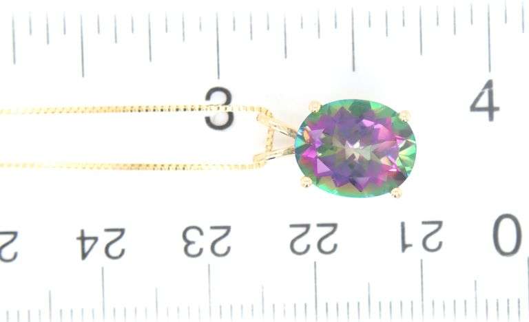 14kt Yellow gold oval Mystic topaz pendant on chain