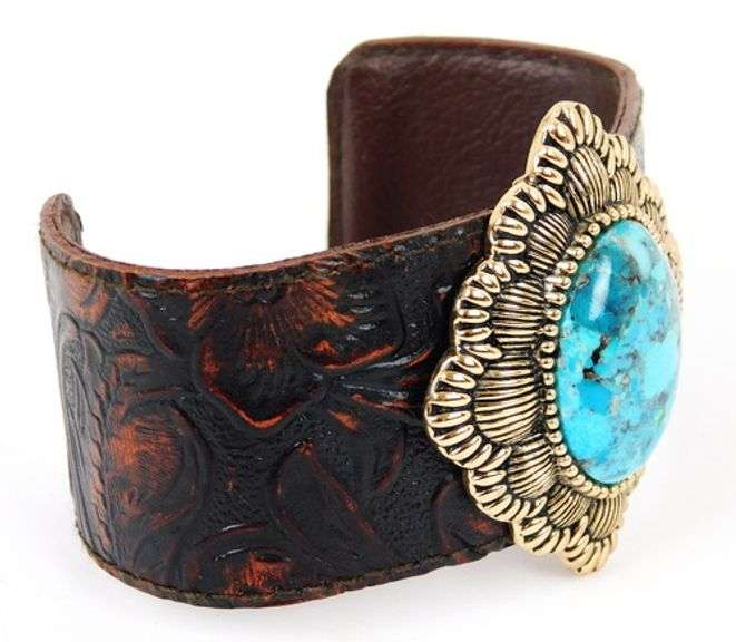 Barse Tooled Leather Turquoise Cuff