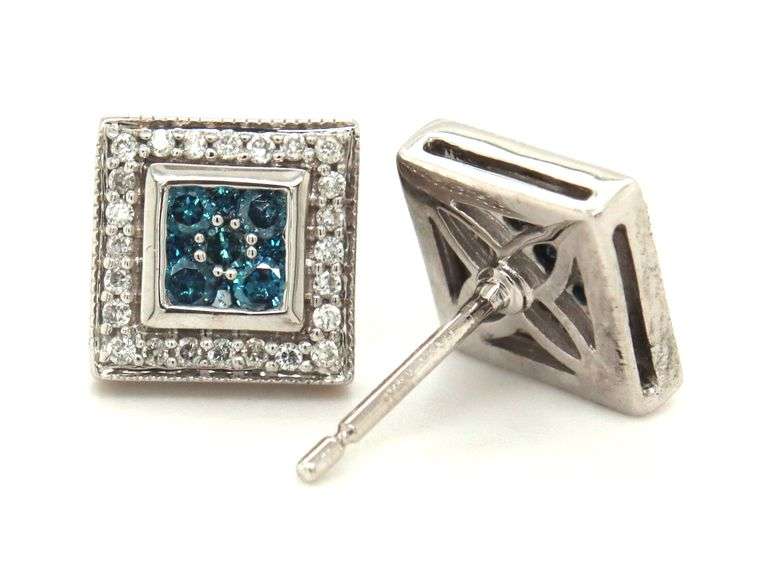 14kt White gold IR teal and white diamond earrings