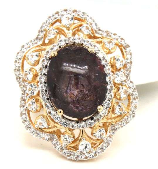 Splendid Massive 14.86CTS Oval Cabochon-Cut Star Ruby & 2.33CTW Round Colorless Sapphires in 14K Gol