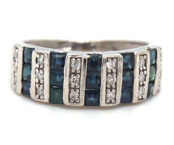 14kt White gold channel set square sapphire and diamond ring