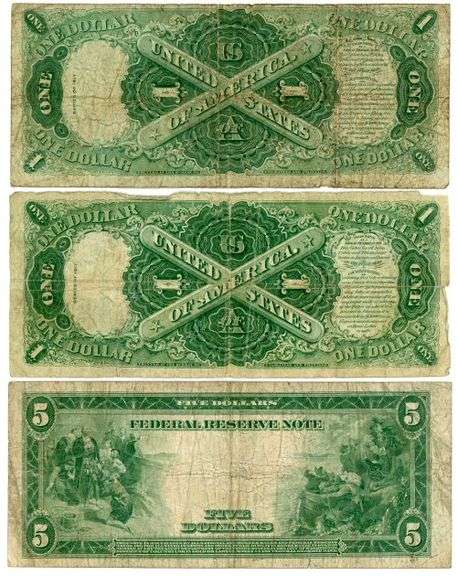 2 1917 Large Size $1 and a 1914 Series Large Size $5 FRN