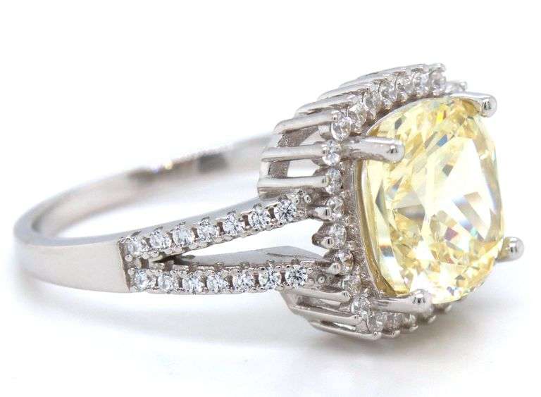 925 Sterling silver cushion cut yellow cubic zirconia with white cubic zirconia halo ring