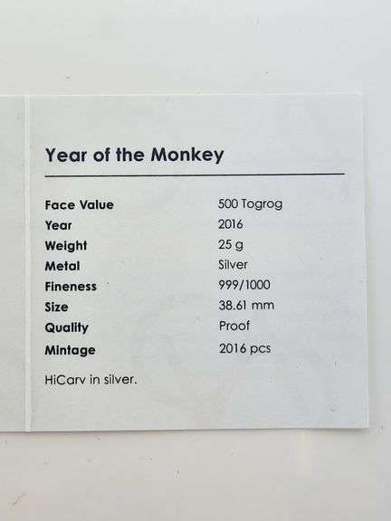 2016 Bank Of Mongolia - Year of the Monkey Silver Coin