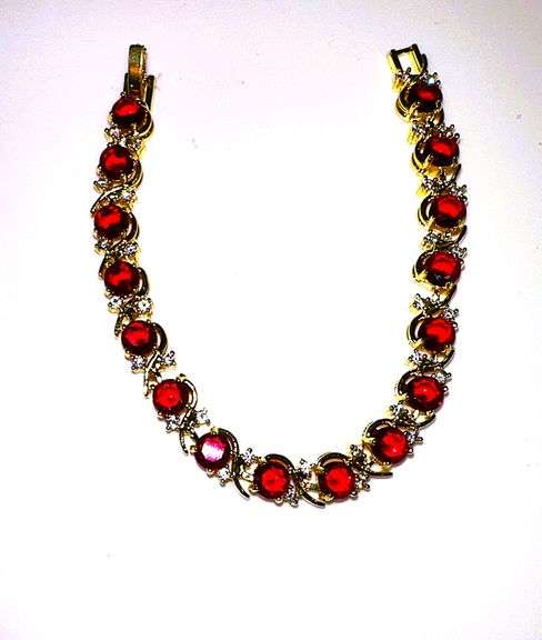 Gold Plated Lab Simulated 16.5 Cttw Red Ruby Diamond Tennis Bracelet