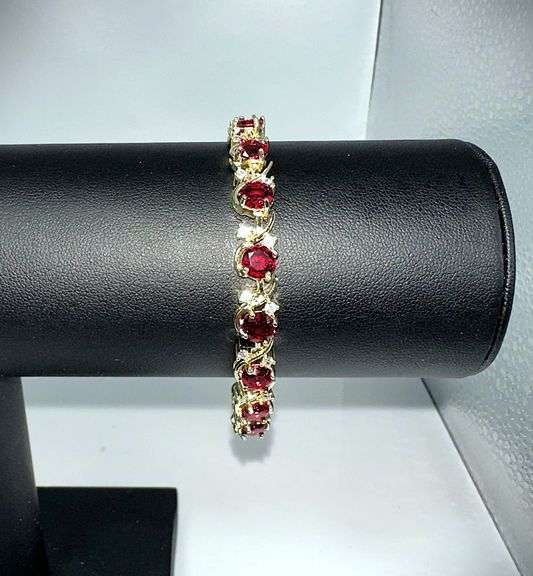 Gold Plated Lab Simulated 16.5 Cttw Red Ruby Diamond Tennis Bracelet
