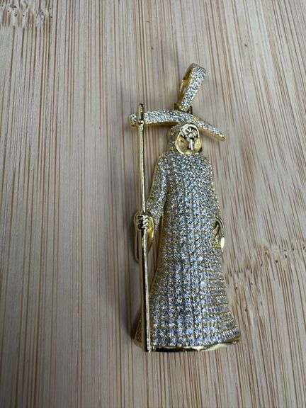 Gold Plated 925 Sterling Silver CZ Santa Muerte Hip Hop Pendant