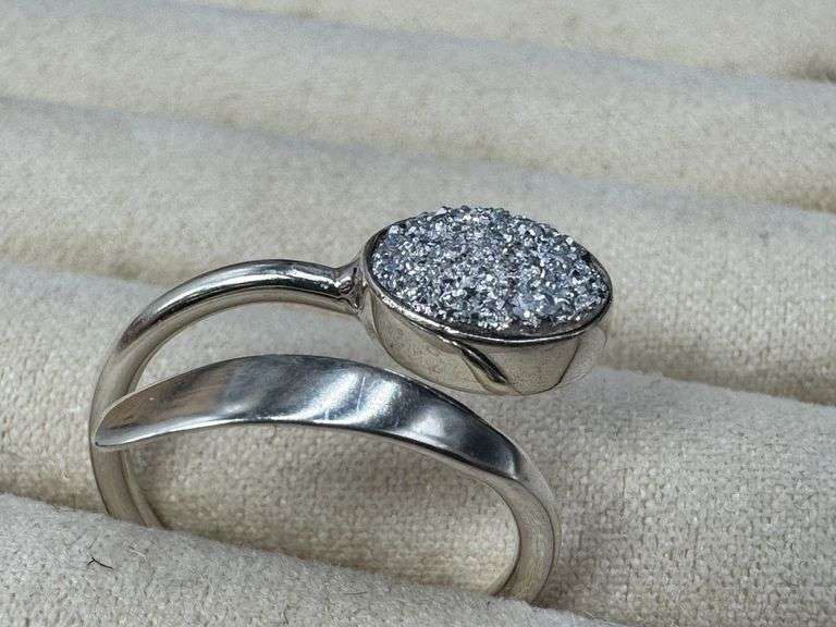 Sterling Silver 925 Titanium Coated Druzy Agate Crystal Stone Ring Adjustable Spoon Band