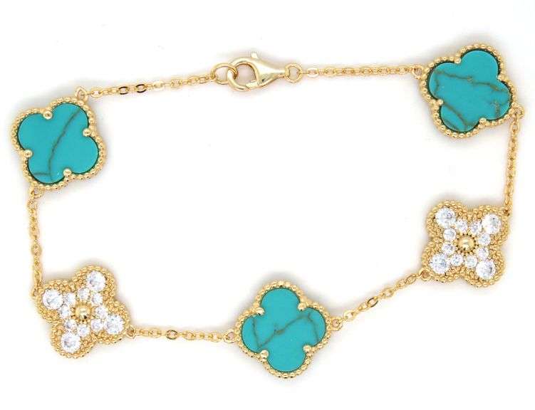 925 Sterling silver 12mm turquoise and cubic zirconia clover link bracelet