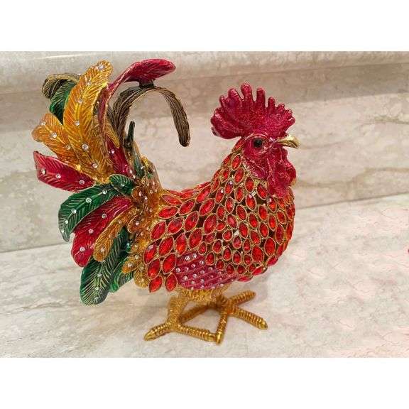 Ruby Red Faberge Rooster Jewelry Box with 24k Gold and Crystals