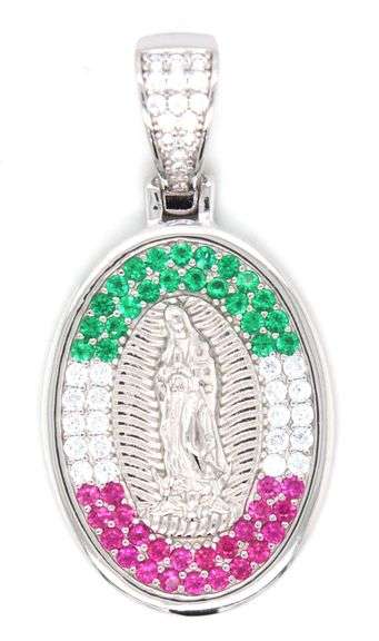 925 Sterling silver green, white and red cubic zirconia religious pendant