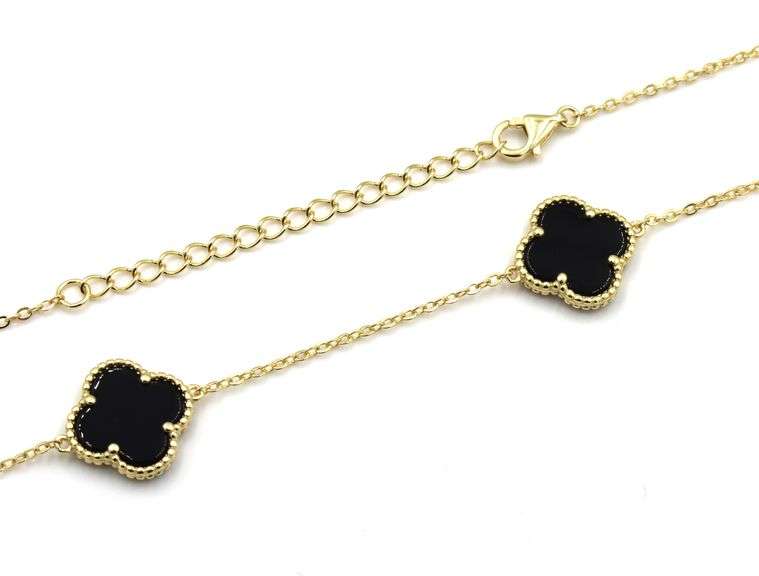 925 Sterling silver 5 clover black onyx link necklace