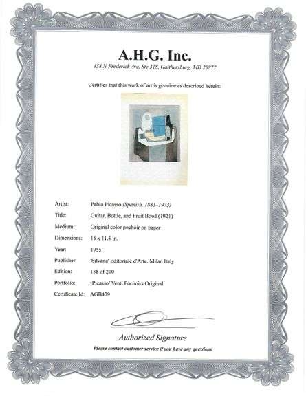 Collectible Vintage Picasso Original Pochoir Circa 1955, Guitar, Bottle, and Fruit Bowl