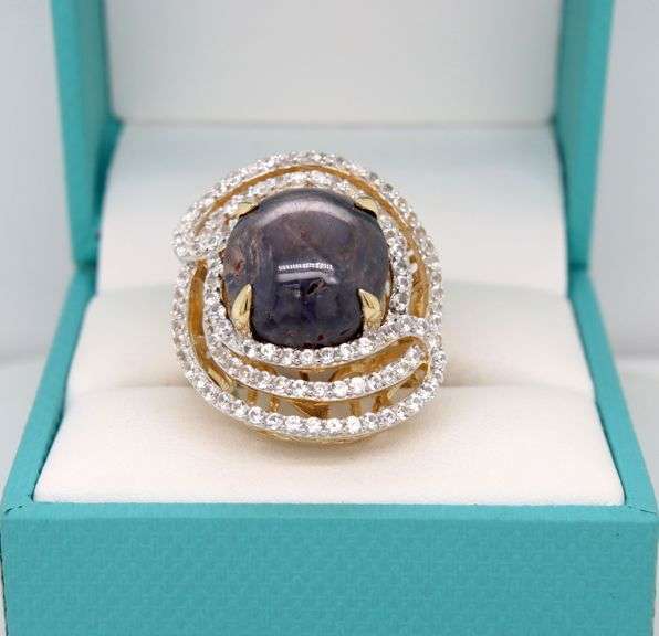 Breathtaking Huge 22.27CTS Round Cabochon-Cut Star Ruby & 1.95CTW Round Colorless Sapphire Ring in 1