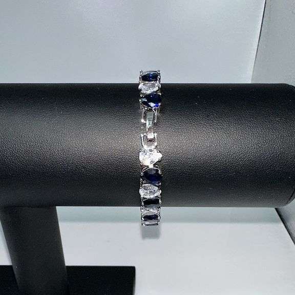18 Kt White Gold Plated Huge 32.5 Ctw Lab Simulated Diamond and Midnight Blue Sapphire Tennis Bracel